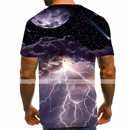 Halloween Lightning Strikes The Sky Mens Graphic Shirt Casual 3D For Festival | Black Summer Cotton Tee Moon Round Neck Blue Green Daily Going Out Short Sleeve Print