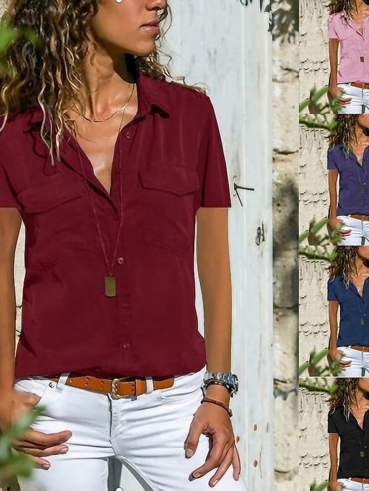 Women's Blouse Pocket Solid Colored Daily Shirt Collar T-shirt Sleeve Light Summer Blue Black Purple Dark Red Pink - LuckyFash™