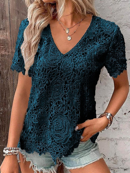 Women's T shirt Tee Black White Wine Plain Lace Short Sleeve Casual Basic V Neck Regular S - LuckyFash™