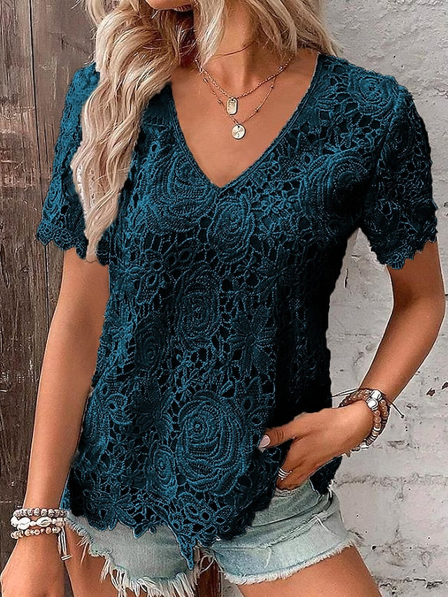 Lace Detail Women's Black and White V-Neck T-Shirt with Short Sleeves