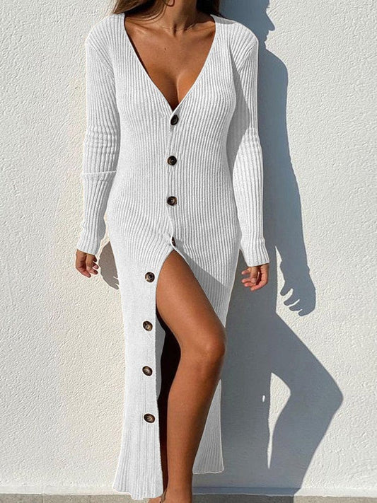 Knitting Thread Button Long Sleeve Maxi Dress