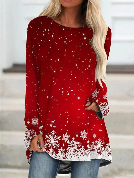 Snowflake Print Women's Christmas Long Sleeve T-shirt
