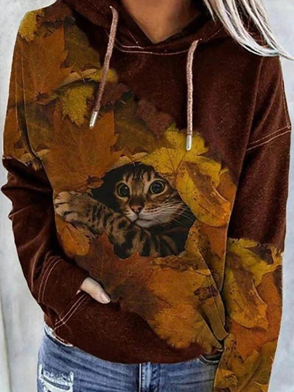 Trendy Tie Dye Cat Graphic Hoodie with Front Pocket for Women
