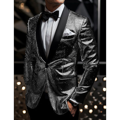 Men's Blazer Business Cocktail Party Wedding Party Fashion Casual Spring &  Fall Polyester Sequin Button Pocket Comfortable Single Breasted Blazer Silver Black Burgundy Royal Blue