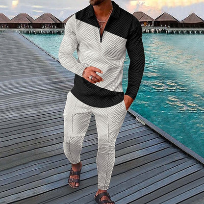 Men's Polo Shirt Set Golf Shirt Curve Graphic Prints Geometry Turndown Black / Gray Black White Navy Blue Orange 3D Print Leisure Sports Going out Long Sleeve Print Patchwork Clothing Apparel 2pcs