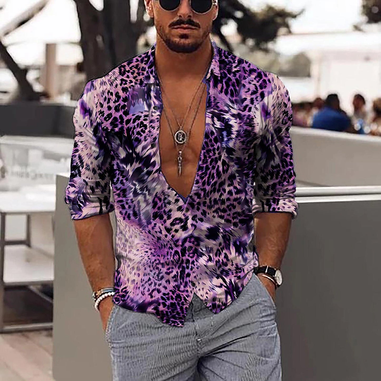 Men's Shirt Graphic Shirt Leopard Stand Collar Black Red Purple Brown Green 3D Print Outdoor Casual Long Sleeve 3D Print Button-Down Clothing Apparel Fashion Designer Casual Comfortable