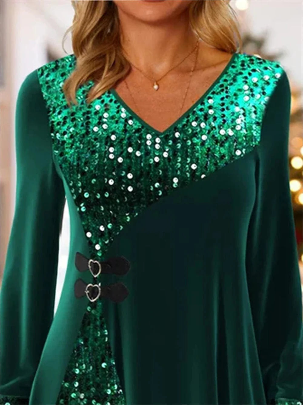 Sparkling Green Sequin Velvet Blouse with V-Neck and Long Sleeves