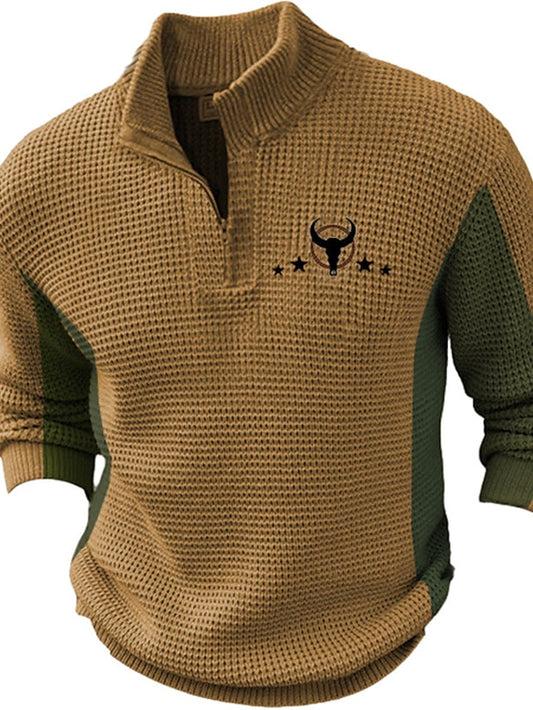 Cow Retro Vintage Men's Zipper Knitting Print Pullover Sweater Jumper Zip Sweater Polo Sweater Outdoor Daily Vacation Long Sleeve Stand Collar Sweaters Blue Brown Green Fall Winter S M L Sweaters
