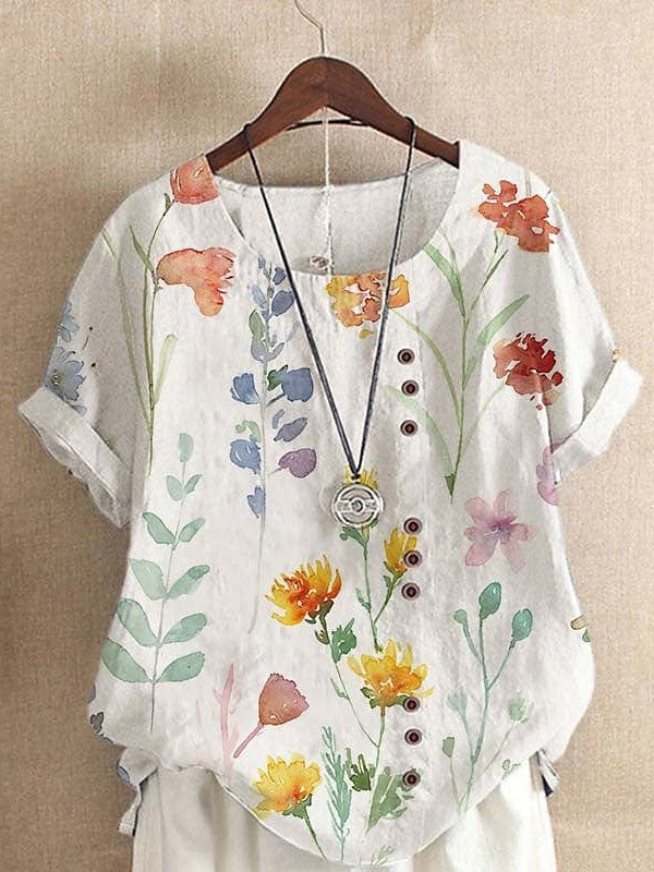 Floral Print Women's Short Sleeve Blouse in Yellow, Purple, and Green