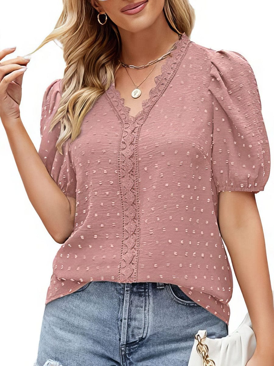 Lace Bubble Short Sleeve V Neck T-Shirt