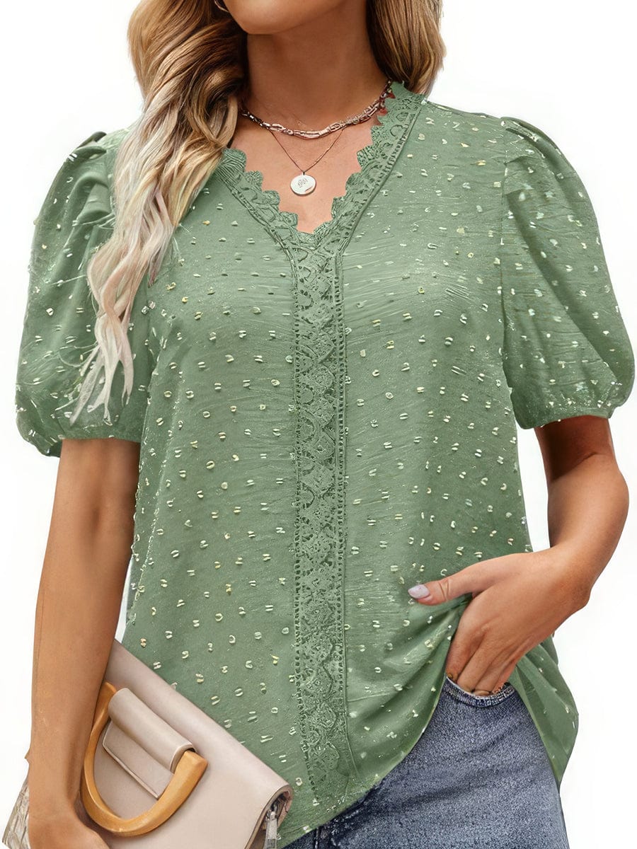 Lace Bubble Short Sleeve V Neck T-Shirt