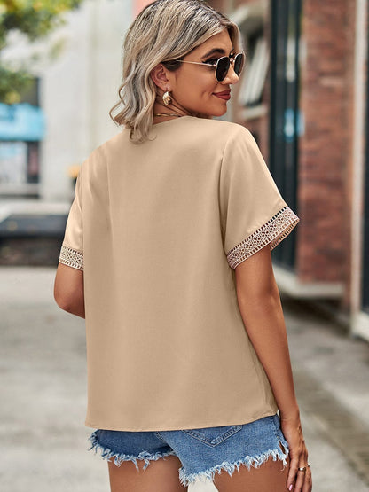 Lace Paneling V-Neck Solid Color T-Shirt