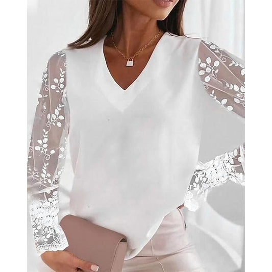 Lace Patchwork V-Neck Long Sleeve Shirt for Women