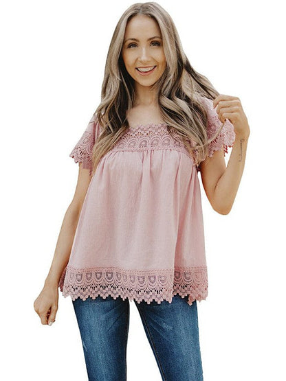 Lace Square Neck Short Sleeve Pullover for Women