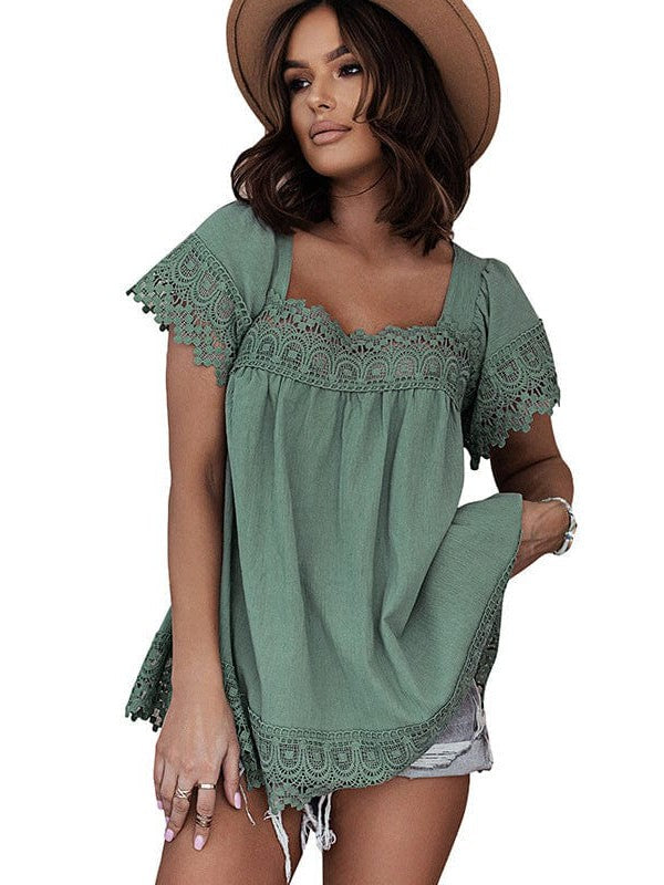 Lace Square Neck Short Sleeve Pullover for Women