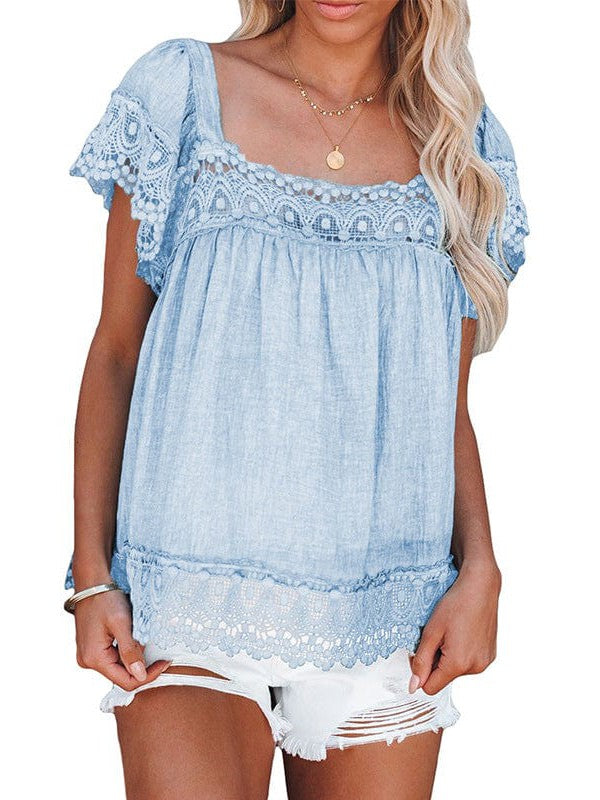 Lace Square Neck Short Sleeve Pullover for Women
