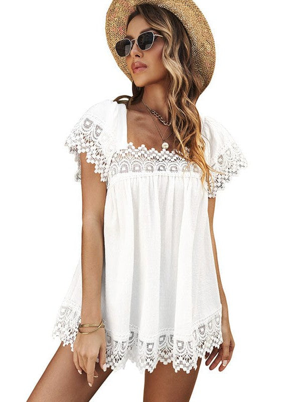 Lace Square Neck Short Sleeve Pullover for Women