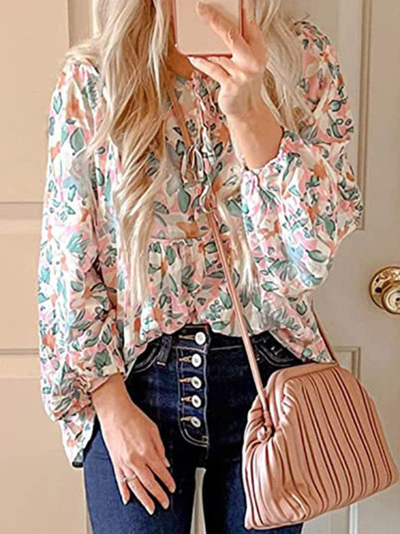 Lace-up V-neck floral ruffled tunic shirt casual long-sleeved top