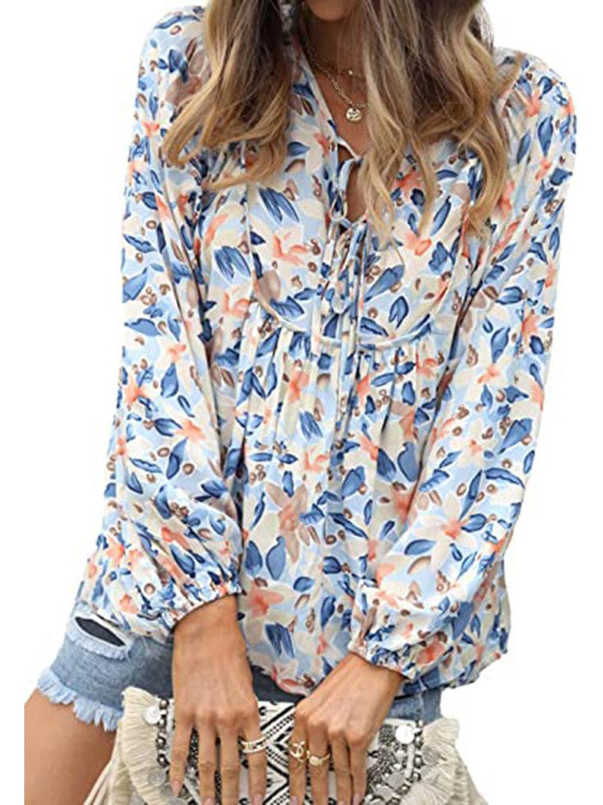 Lace-up V-neck floral ruffled tunic shirt casual long-sleeved top