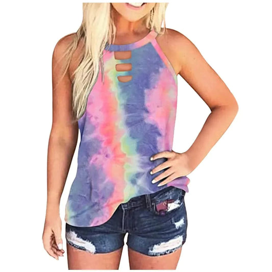 Ladies Sexy Leopard Tabk Tops Fashion Hollow Out Sleeveless Halter Camisole  Summer New  Tie-dye Printng Ladies Shirts Blusa