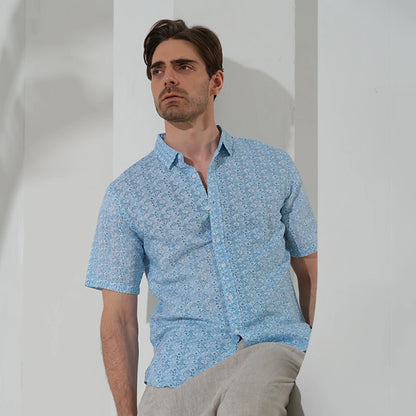 Linen Beach Shirt for Men in Blue with Argyle Lapel, Short Sleeve - Summer Outdoor Apparel