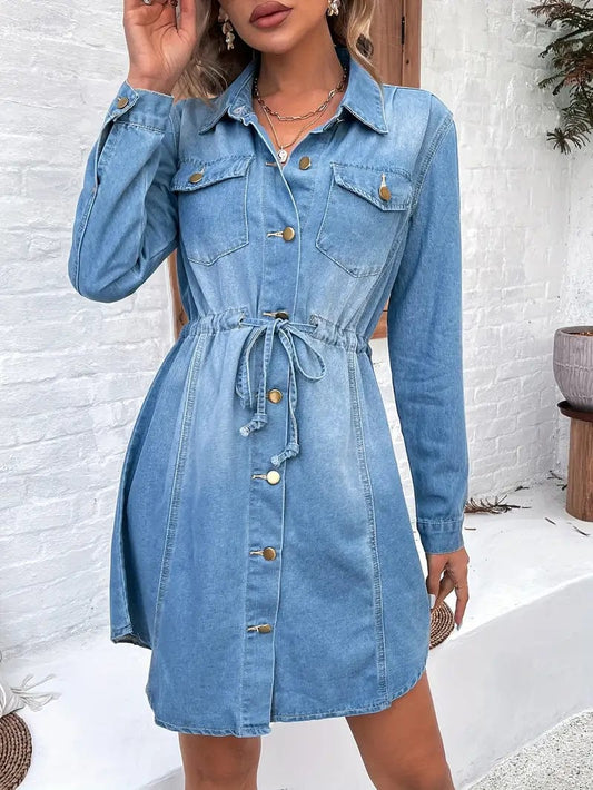 Lapel Denim Dress with Long Sleeves and Drawstring Waist