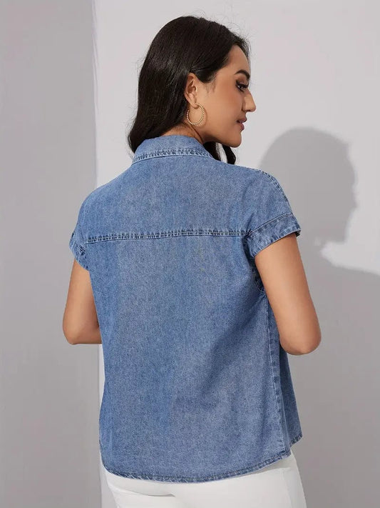 Lapel Denim Top with Short Sleeves and Patched Pockets, Classic Washed Denim Shirt, Women's Fashion Denim Top