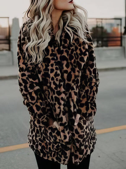 Lapel Leopard Print Faux Fur Long Sleeve Midi Coat