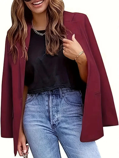 Lapel Neck Blazer with Button Front, Stylish Long Sleeve Jacket for Office & Work, Women's Apparel