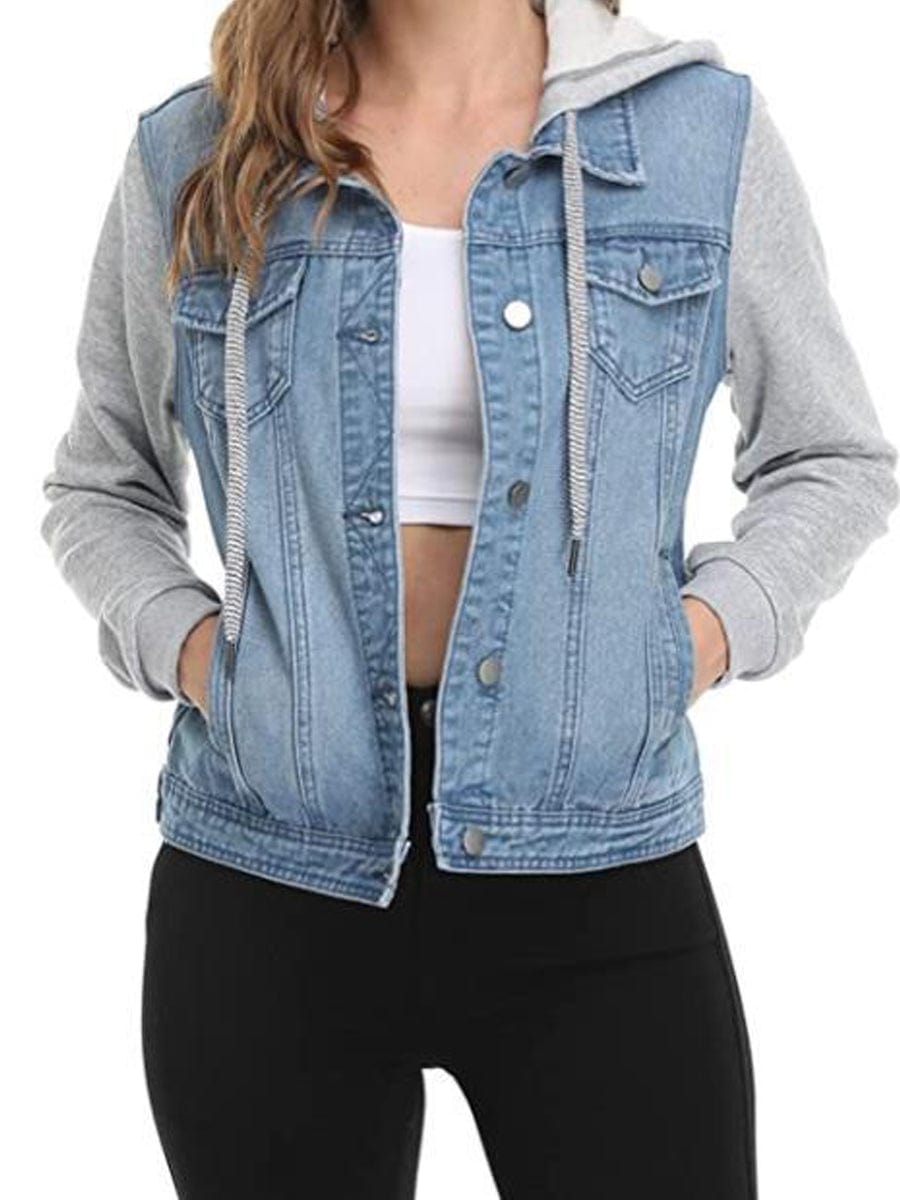 Layered Drawstring Hood Denim Jacket