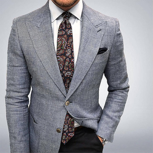 Men's Blazer Business Cocktail Party Wedding Party Fashion Casual Spring &  Fall Polyester Plain Button Casual / Daily Single Breasted Blazer Dark Gray Blue Gray