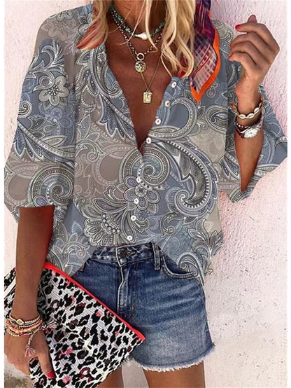 Stylish Women's Graphic Button Print Shirt Blouse with V Neck for Casual Chic