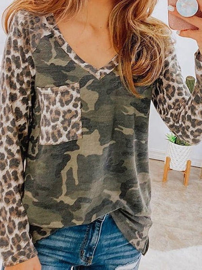 Leopard Camouflage V-Neck Long Sleeve T-Shirt