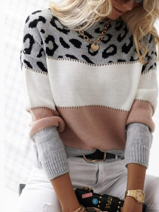 Leopard Color Block Knit Pullover Sweater - Blushing Pink/Gray/Red