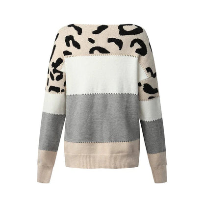 Leopard Color Block Knit Pullover Sweater - Blushing Pink/Gray/Red