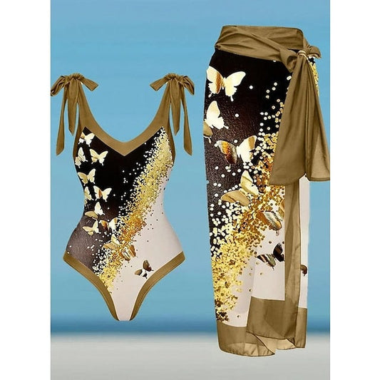 Leopard Print Butterfly Yellow One Piece Swimsuit for Women