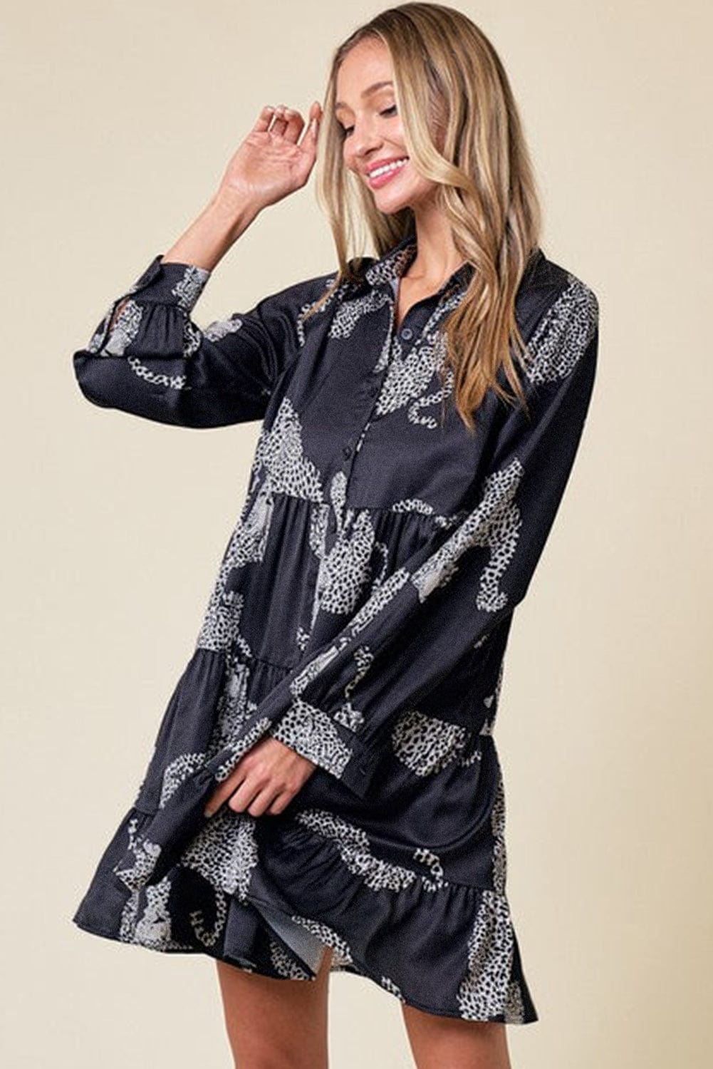 Leopard Print Collared Button-up Shirt Dress with Ruffled Sleeves