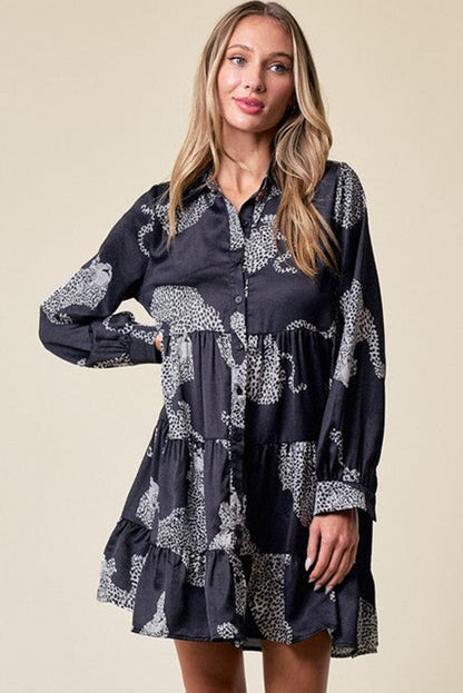 Leopard Print Collared Button-up Shirt Dress with Ruffled Sleeves