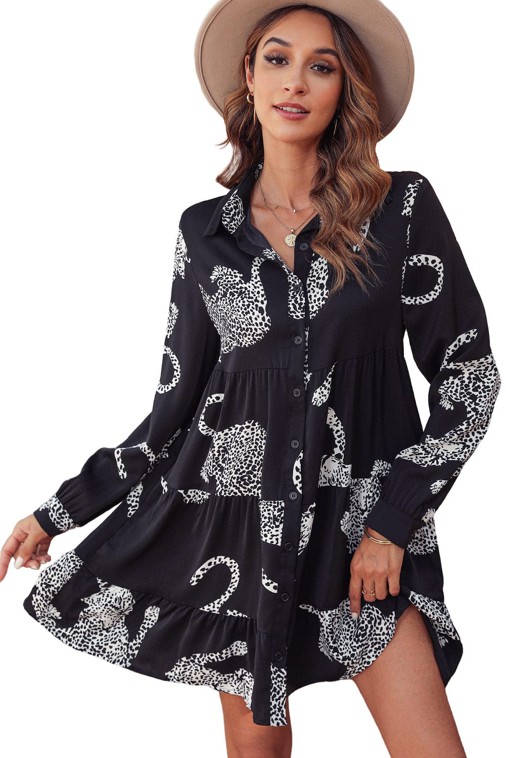 Leopard Print Collared Button-up Shirt Dress with Ruffled Sleeves