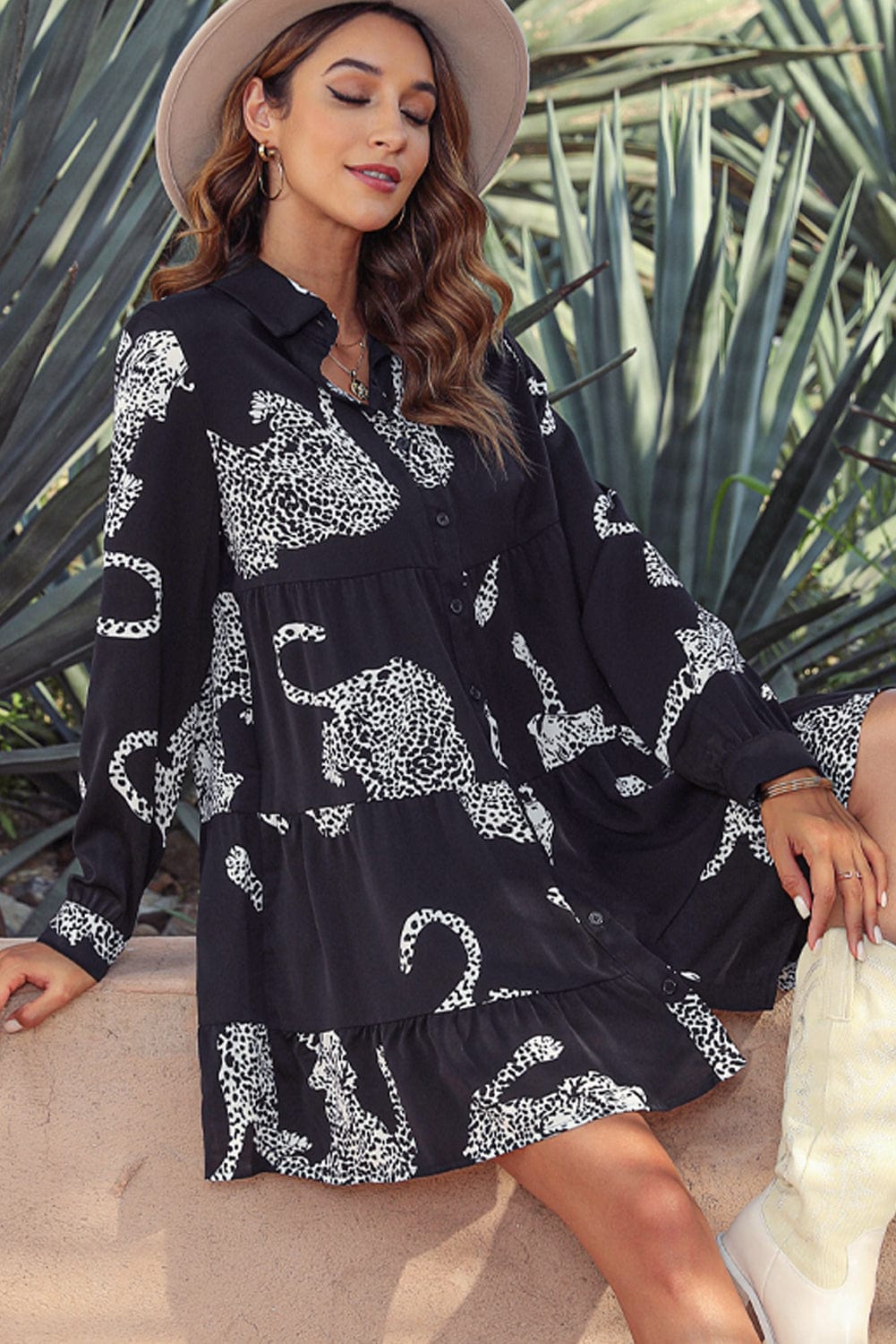 Leopard Print Collared Button-up Shirt Dress with Ruffled Sleeves