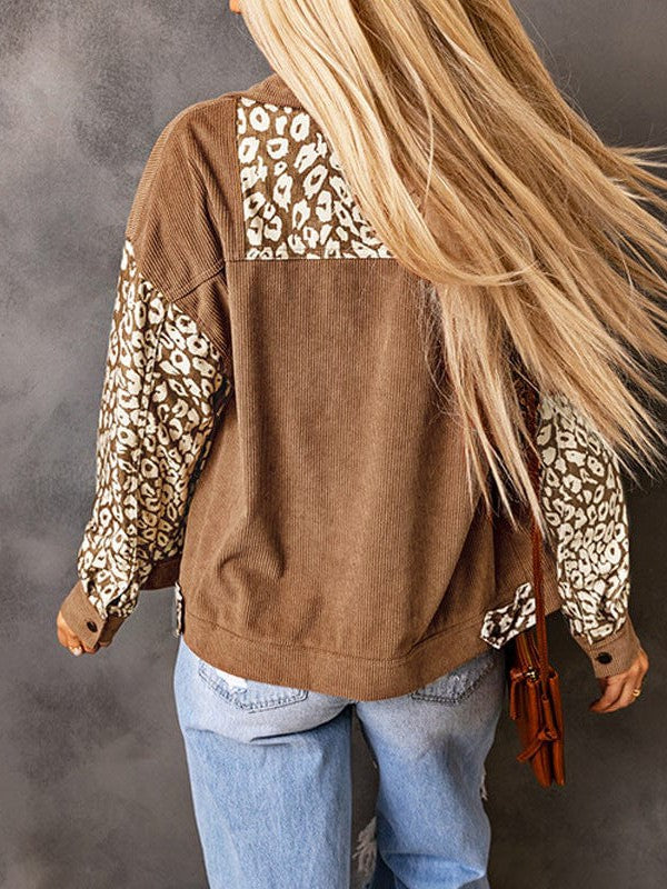 Leopard Print Corduroy Short Jacket for Women's Casual Styling