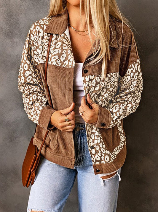Leopard Print Corduroy Short Jacket for Women's Casual Styling
