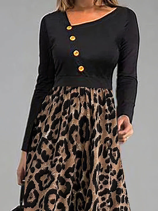 Leopard Print Panel Button Long Sleeve Dress