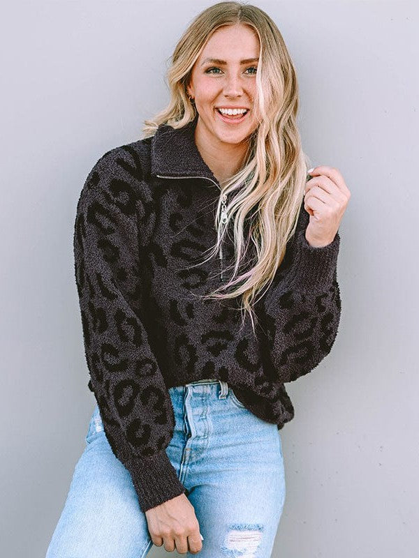 Leopard Print Pullover Sweater with Contrasting Color Accents