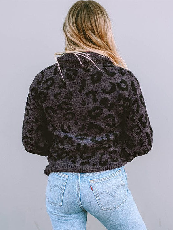 Leopard Print Pullover Sweater with Contrasting Color Accents