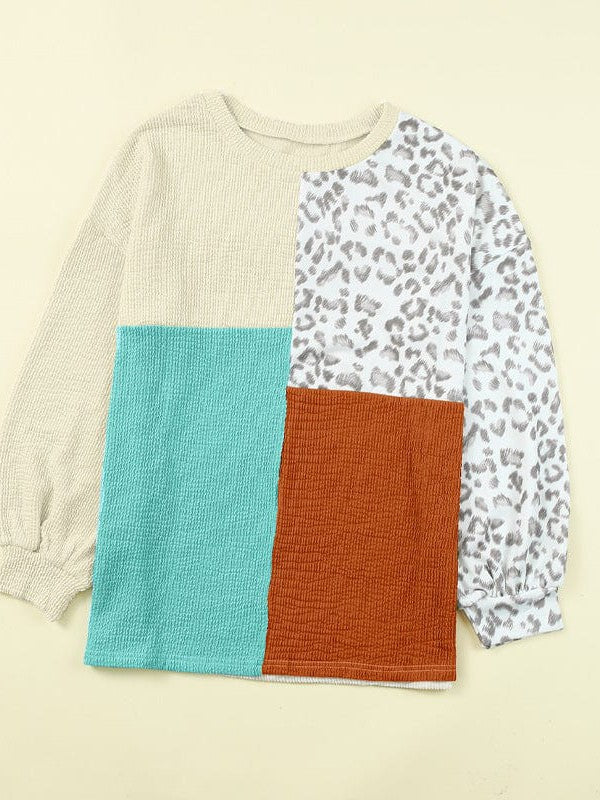 Leopard Print Pullover Sweatshirt with Round Neck and Long Sleeves for Women