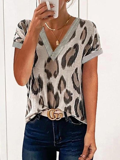 Leopard Print V-Neck Casual T-Shirts