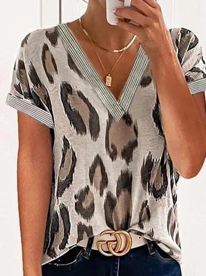 Leopard Print V-Neck Casual T-Shirts