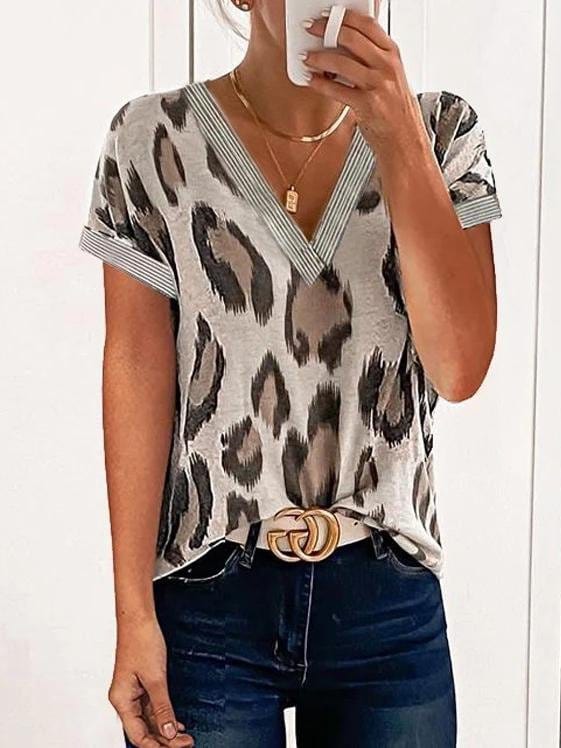 Leopard Print V-Neck Casual T-Shirts