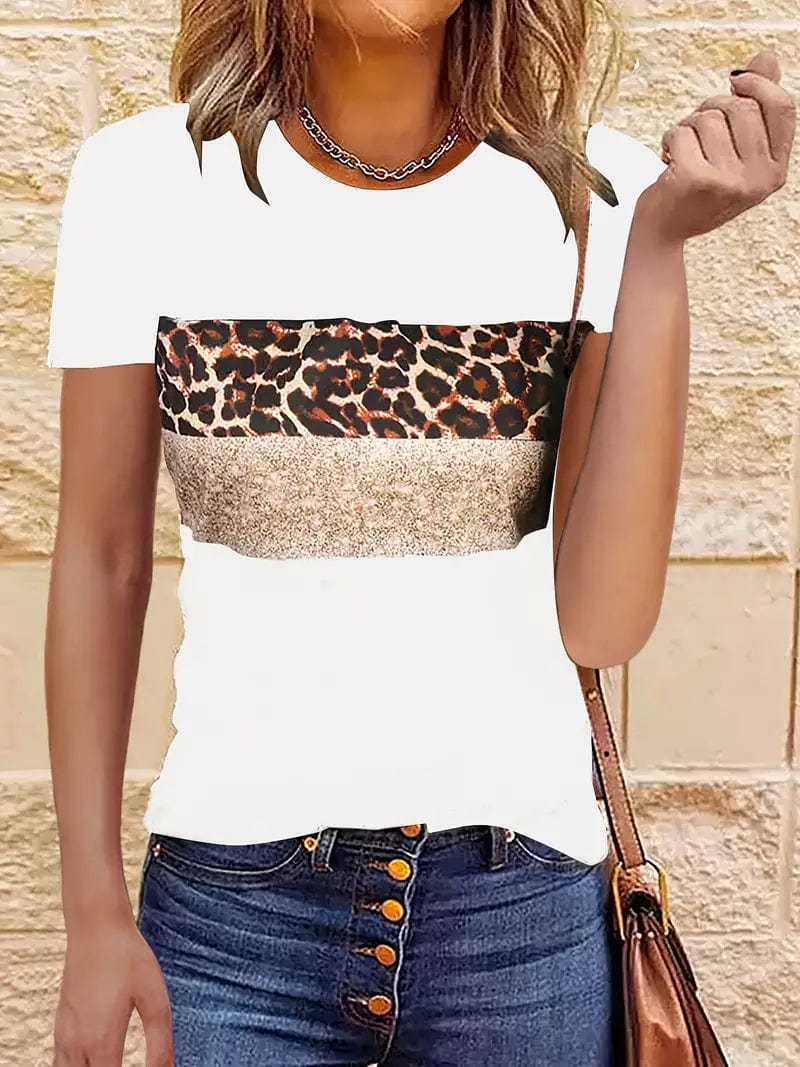 Leopard Printed Crew Neck Tee, Relaxed Long Sleeve Shirt Ideal for Spring & Autumn, Women's Fashion